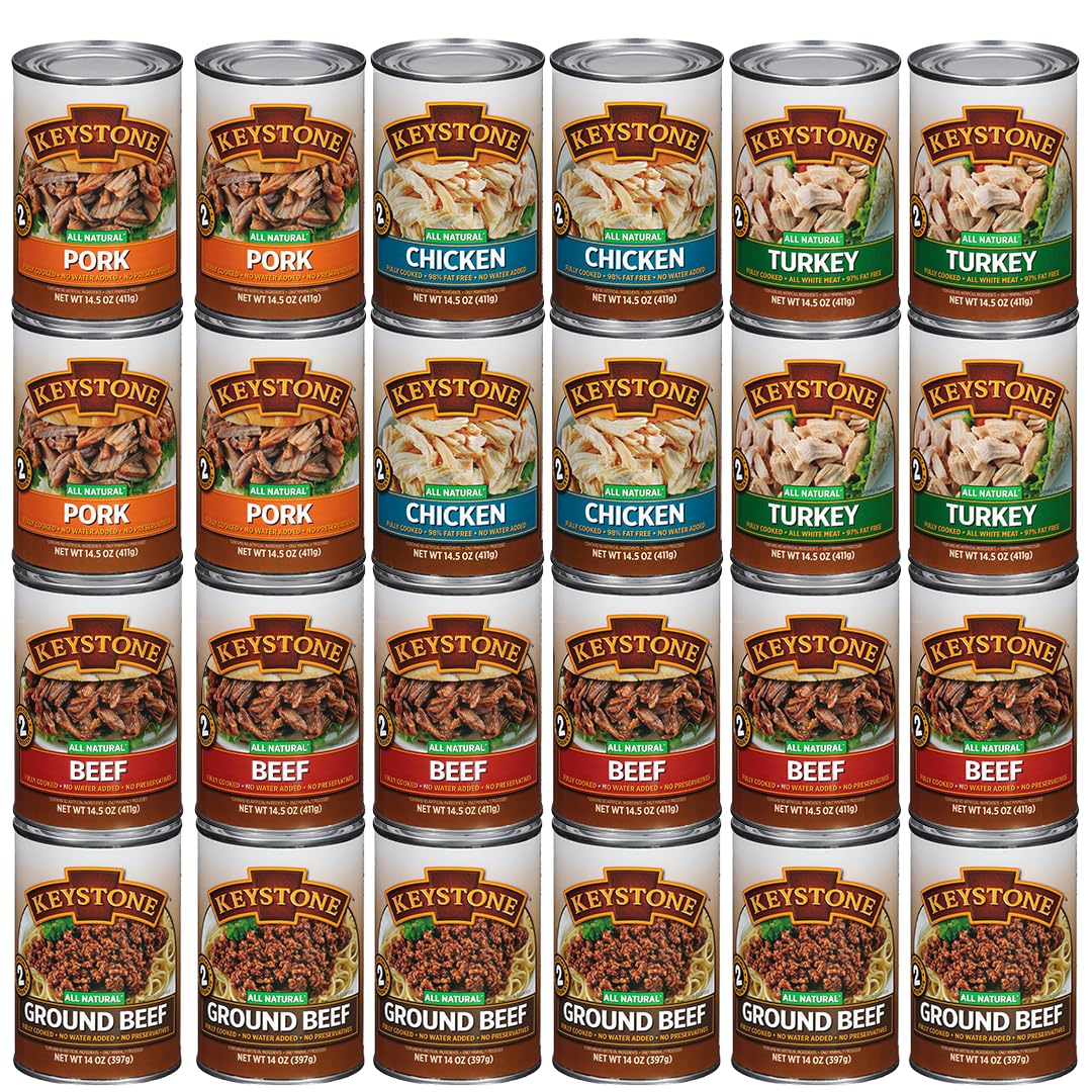 All-Natural Canned Meat Variety Pack - 24 Pack (6 Beef, 4 Chicken, 4 Turkey, 4 Pork, 6 Ground Beef) | Camping & Hiking M